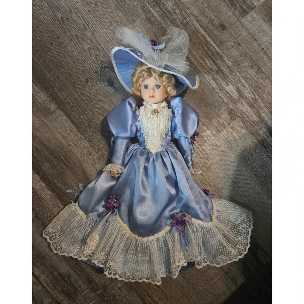Vintage Porcelain Doll 19 Inch Blue Satin Lace‎ Dress Blonde Hair Blue Eyes Hat